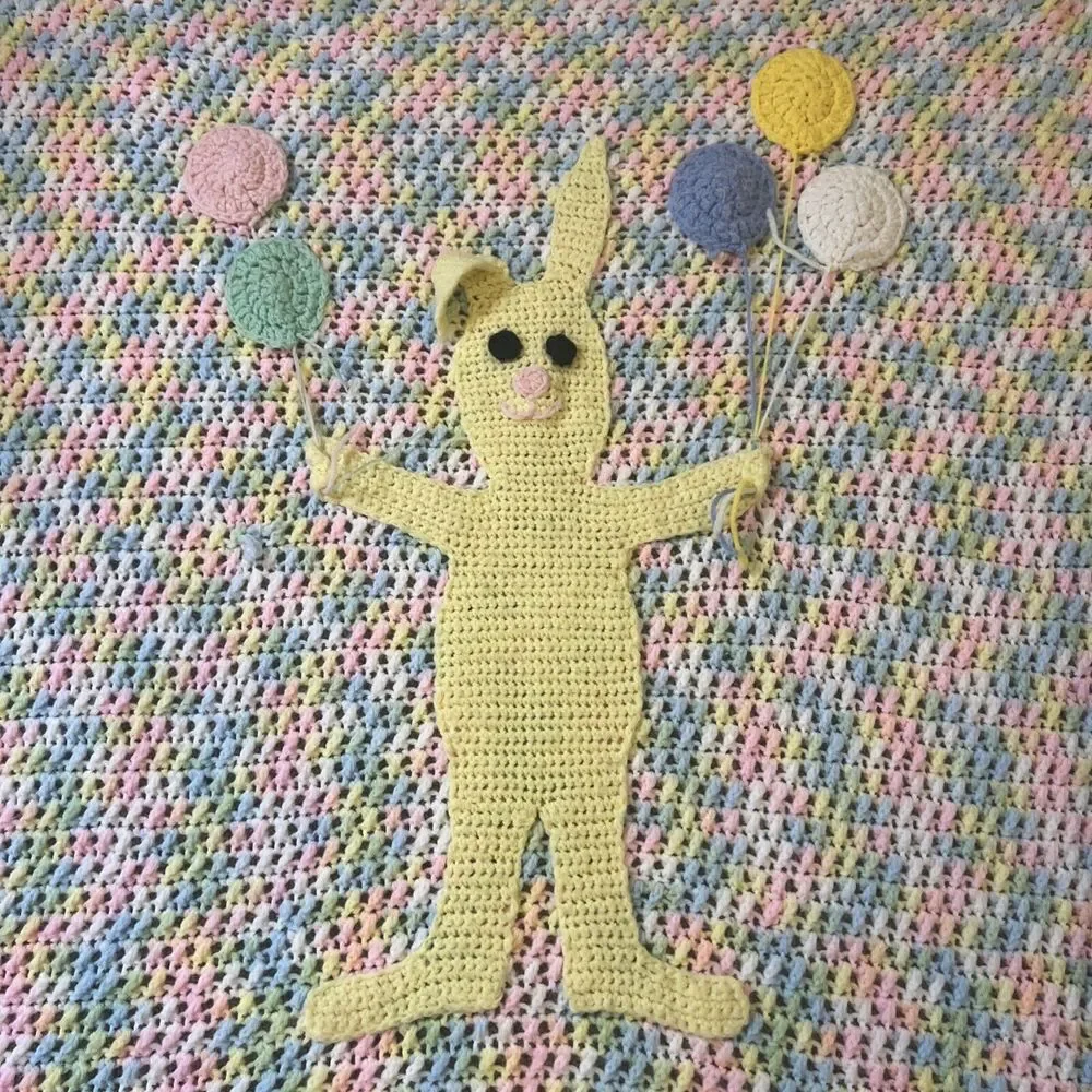 Infant Baby Blanket Handmade‎ Crochet Rainbow Pastel Bunny Balloons 52x38